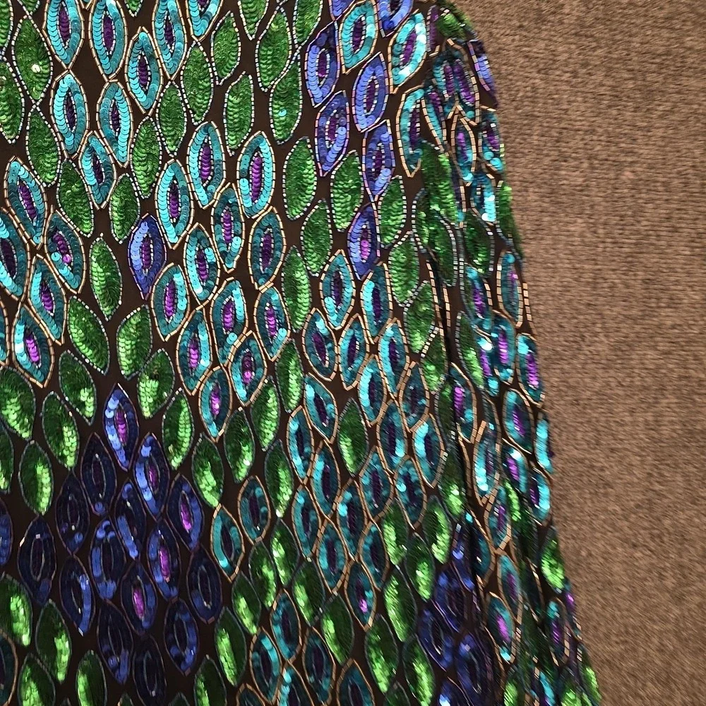 Vtg‎ Laurence Kazar Jacket Womens Large Multicolor Silk Beaded Sequin Peacock